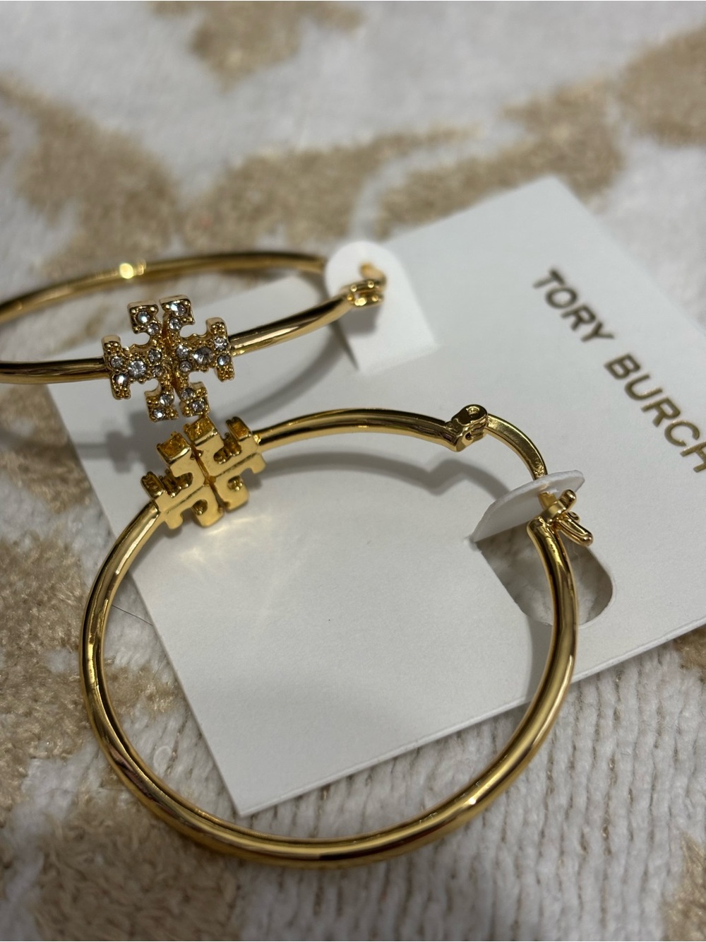 Tory Burch Gold Logo Hoop Earrings with Crystal Accent